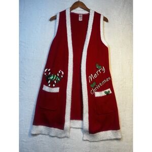 Merry‎ Christmas Ugly Sweater Long Vest Red White Candy Canes Small Holiday